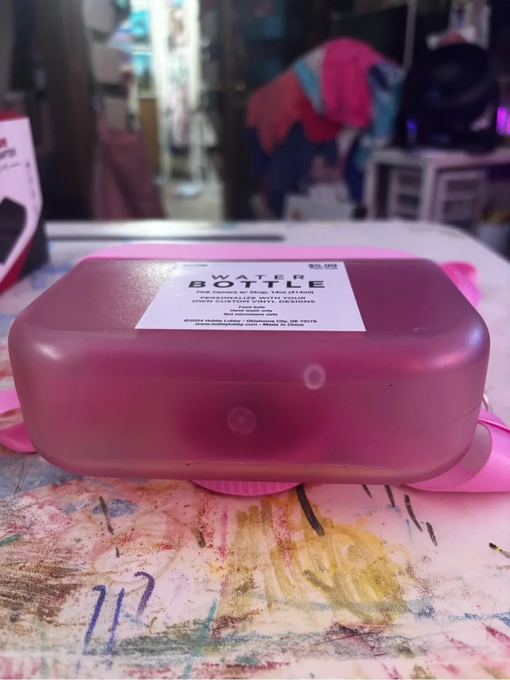 Pink Camera themed water bottle with Strap